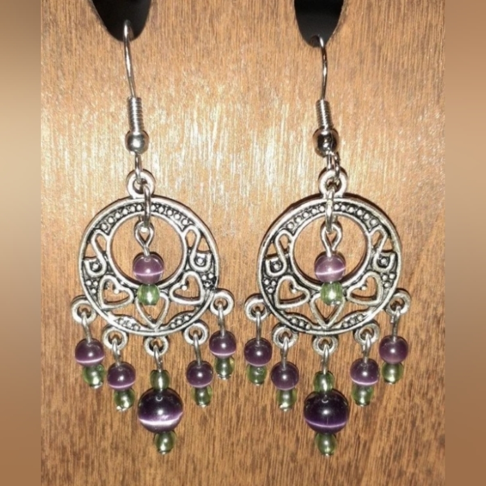 💥 HANDMADE Purple & Green Heart Dreamcatcher Cat's Eye Beaded Dangle Earrings